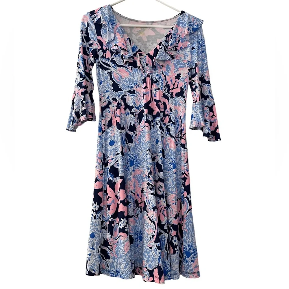 🌸 Lilly Pulitzer Stirling Ruffle Dress 3/4 Bell Sleeve, Bright Navy Amore Please - Picture 3 of 14